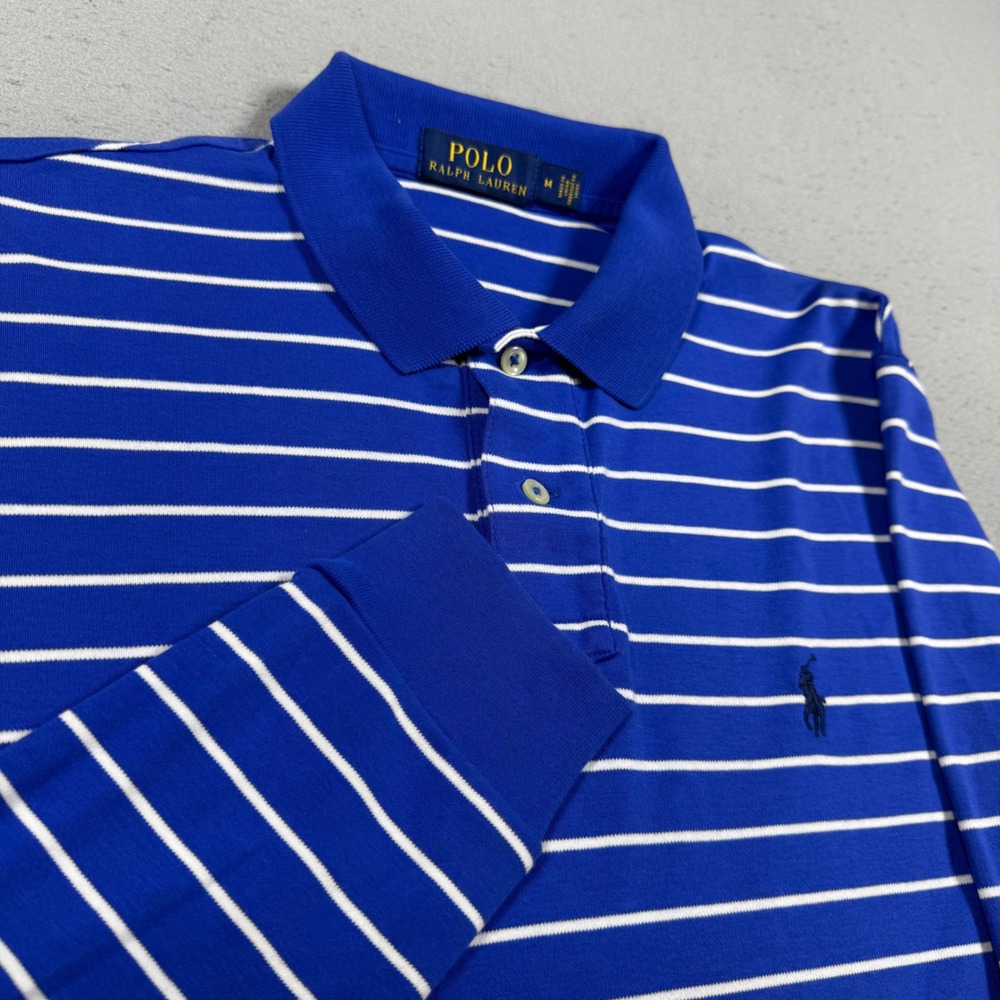 Polo Ralph Lauren Mens Blue White Striped Long Sleeve Polo Shirt Medium